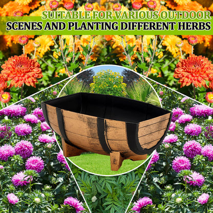 Set of 4 Whiskey Barrel Planters Half Barrel Planter with Removable Drain Screen Plant Flower Pot Weather Resistant Plastic Wine Planter Containers for Indoor Outdoor Garden, 16.14 x 11.8 x 7.28 Inch
