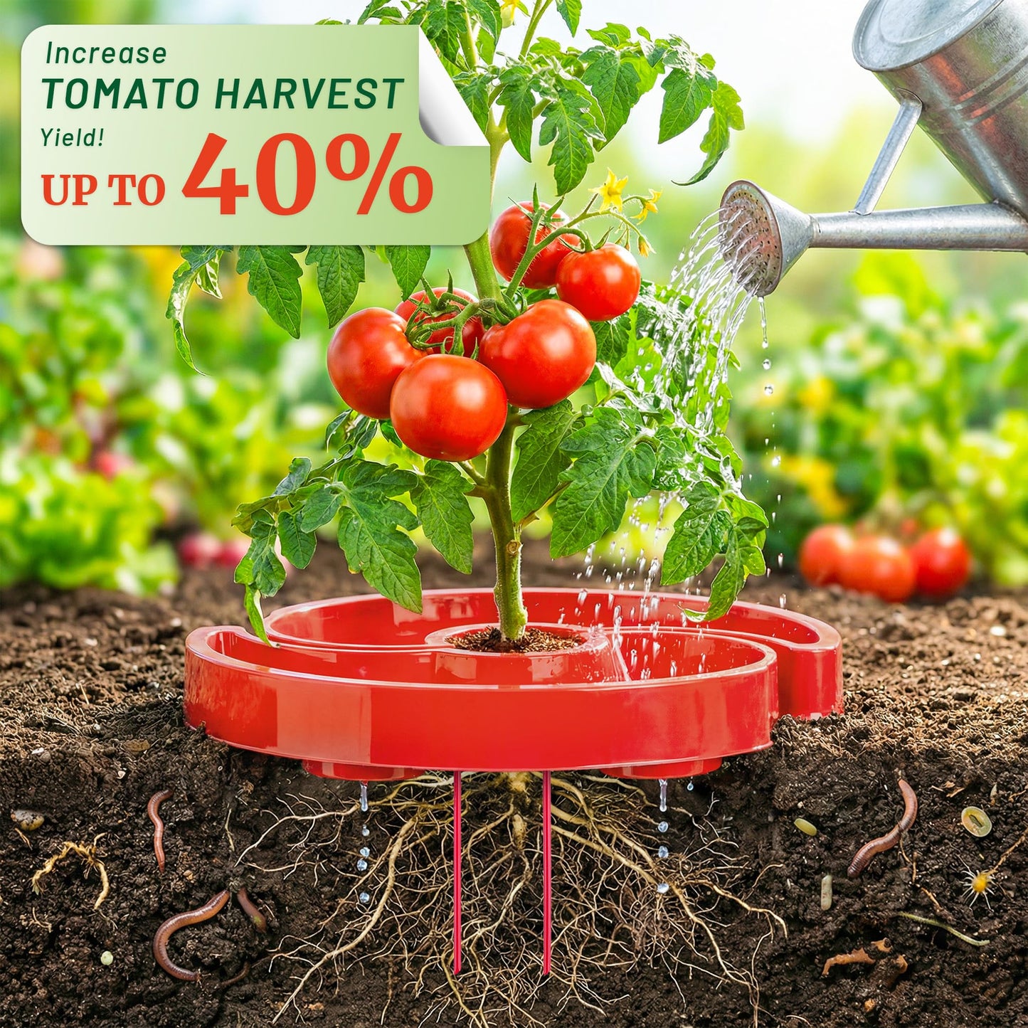 HolyMaji 4 Sets Tomato Watering Ring, Aqua-Direct Red Tomato Halo for Vegetable Direct Root Irrigation, Cuts Runoff, Promotes Vigorous Plant Growth | Rapid-Stake Mount