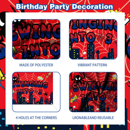 3rd Red Spider Web Birthday Party Decorations For Boy, 3rd Birthday Backdrop Tablecloth Fringe Curtain Balloon Arch,Cake Topper Party Supplies
