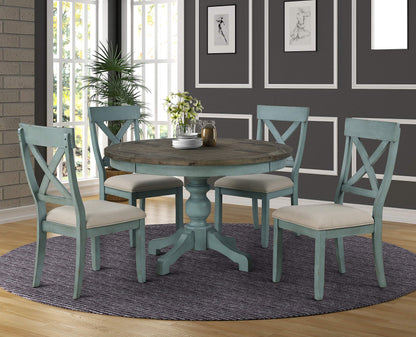 Roundhill Furniture Prato 5-Piece Round Dining Table Set with Cross Back Chairs, Antique Blue and Weathered Walnut