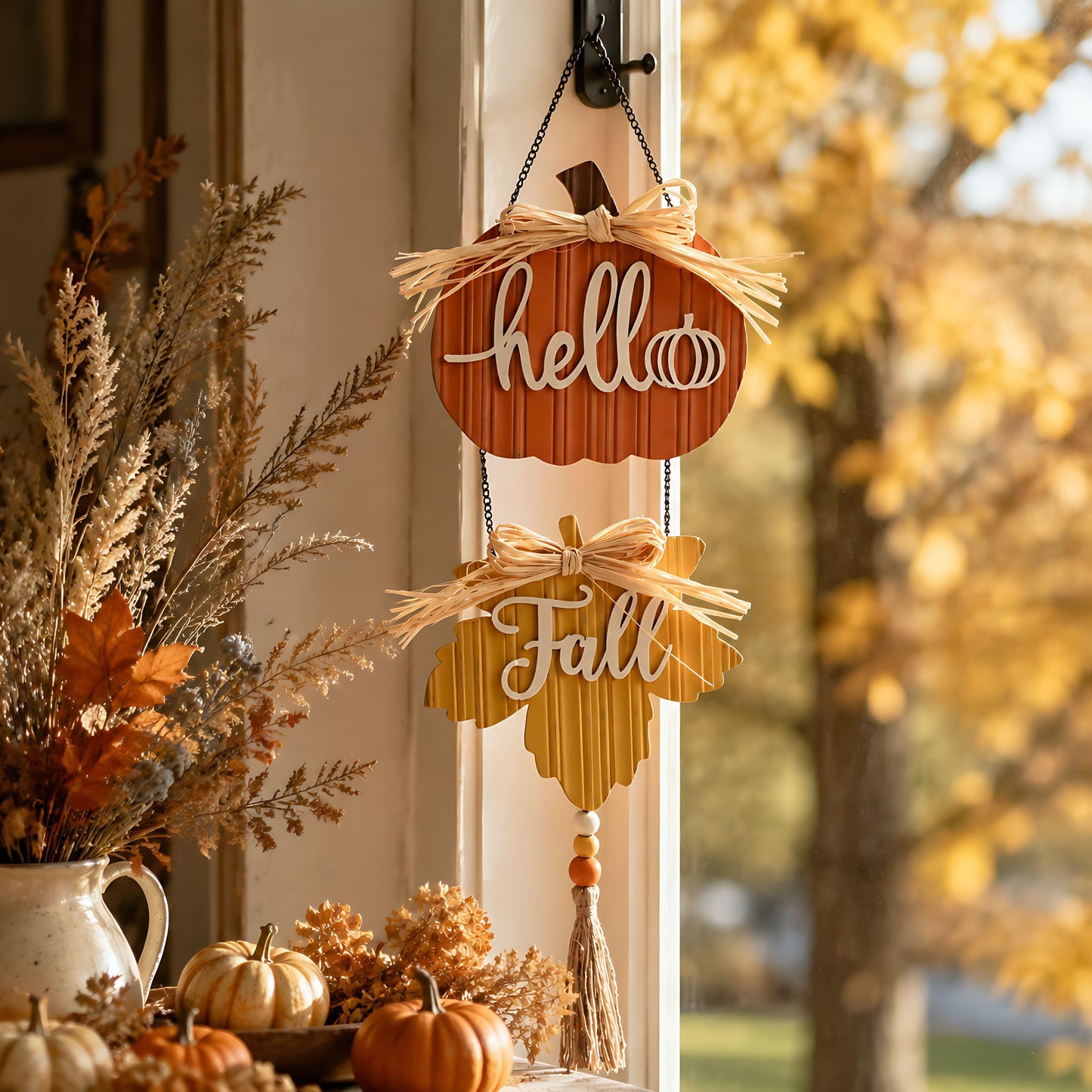 Valery Madelyn Fall Decorations for Home, Fall Wall Decor with Pumpkin and Maple Leaf, Rustic Farmhouse Fall Wreaths, Wooden Pumpkin Decor for Thanksgiving Autumn, 21 inch
