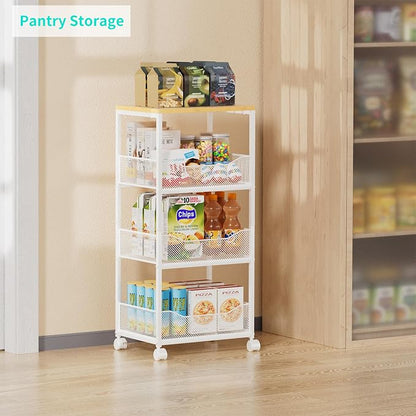 HapiRm Fruit Basket Kitchen Cart - 4-Tier Rolling Storage Cart with Wheels, Wood Top Utility Pantry Cart for Vegetables, Potatoes, Onions, Bread, Snacks