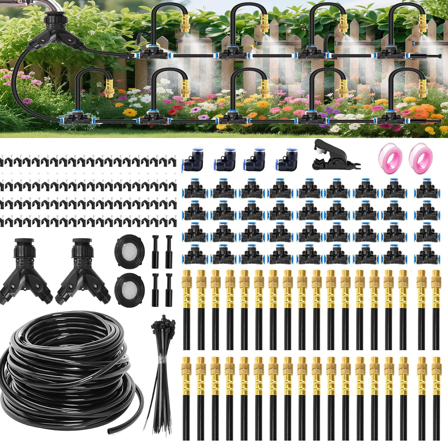 Drip Irrigation System with Brass Nozzles – 2026 Upgrade 200FT Garden Watering Kit with 36Pcs 360° Adjustable Misting Sprinklers Quick Connect Fittings for Raised Beds, Lawn, Patio