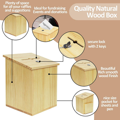 Wood Charity Donation collection Box Office suggestion Ballot Box With wide slot for envelopes and suggestion comment forms, Pocket and Locking Hinged Lid & Pen for Table Or Countertop(Rustic-White)