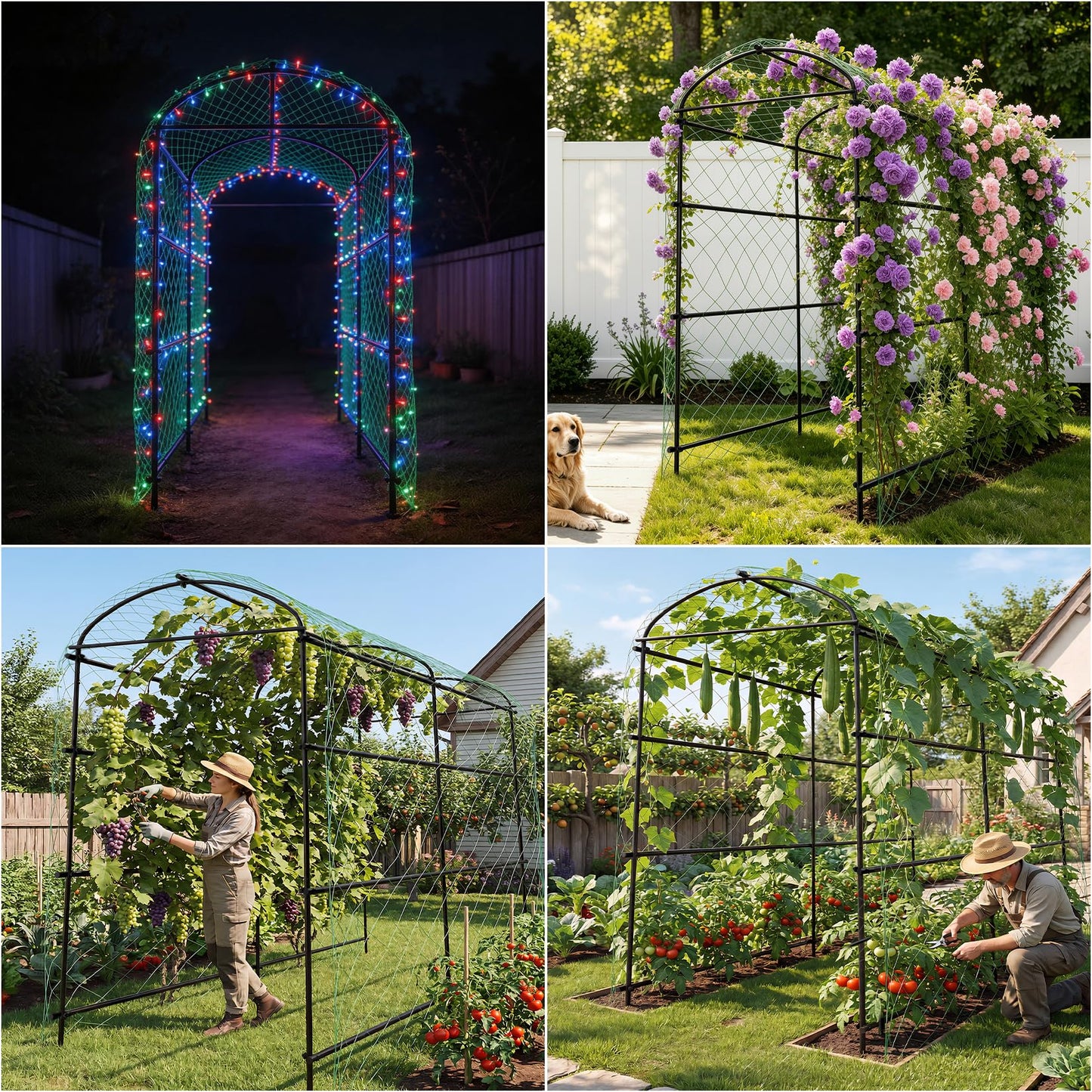 unho 87inch Metal Garden Trellis Arch for Climbing Plants - Polyethylene-Coated Anti-Rust, Heavy Duty, Wide Walk-Through Outdoor Arch with Net, for Cucumber Tomato Squash Zucchini Peas Grape Flowers