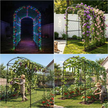 unho 87inch Metal Garden Trellis Arch for Climbing Plants - Polyethylene-Coated Anti-Rust, Heavy Duty, Wide Walk-Through Outdoor Arch with Net, for Cucumber Tomato Squash Zucchini Peas Grape Flowers