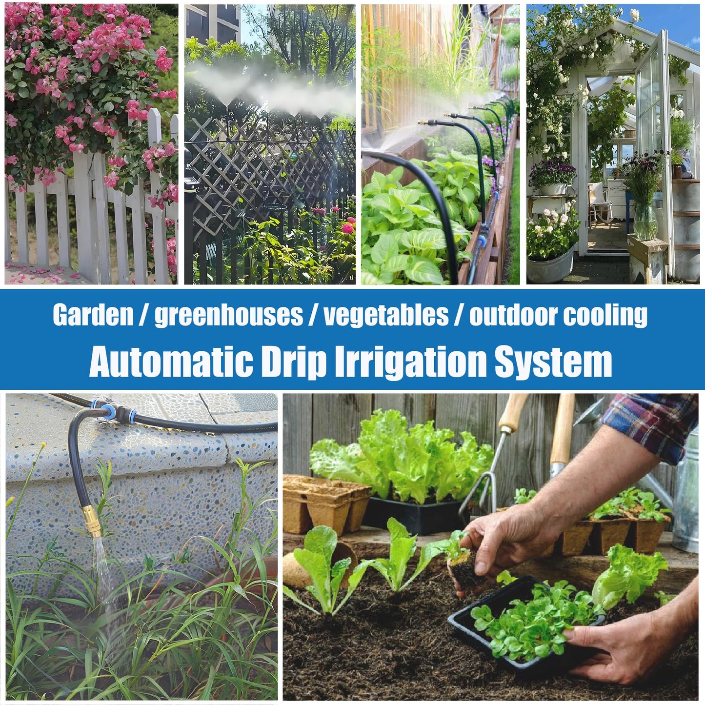 Dianrui Drip Irrigation System—50FT 1/4" Garden Watering System with 16pcs Copper Nozzles, 360° Curved Garden Automatic Irrigation System for Garden/Lawn/Greenhouse/Raised Beds/Outdoor Plants
