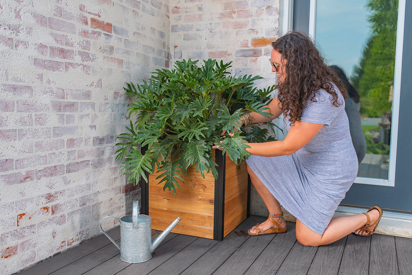 Vita Mezza 22 inch Square Cedar Wood Cube Planter, Golden Brown, Black Aluminum Posts, FSC, Pre-Stained, Insect and Pest Rrepellant, VT17711