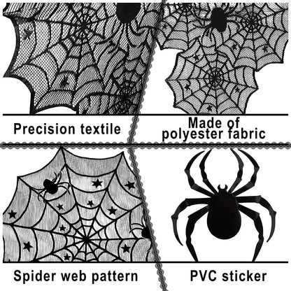 Heyigrow 15 Pcs Set Spider Web Decorations, Halloween Kit Black Lace Table Runner Cobweb Round Tablecloth Fireplace Scarf