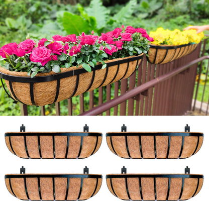 LaLaGreen Railing Planter Box (24 Inch, 4 Pack) Black Metal Rectangular Hanging Planters with Coco Liner, Flower Boxes Brackets for Deck Railings Outdoor Plants Over Rail Fence Balcony Patio Porch