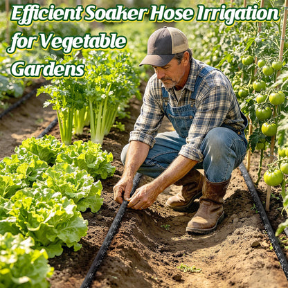 Soaker Hose 50FT for Garden Beds - 3/4" Heavy Duty Double Layer Drip Irrigation Hose, Save 85% Water, Linkable Flat Soaker Hose for Lawn Flower Bed Vegetable Field Effective Watering