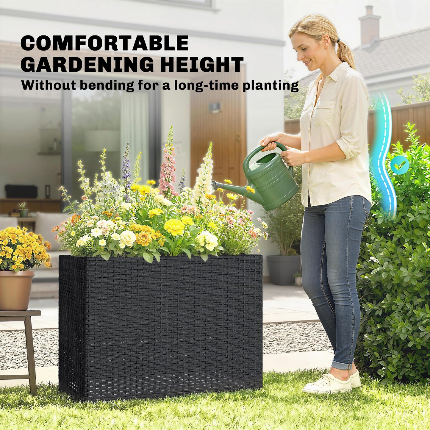 Outsunny Tall Rectangular Planter with Removable Liner, PE Wicker Large Planters for Outdoor Plants, Freestanding Indoor Outdoor Planter Box with Drainage Holes for Flowers, Vegetables, Black