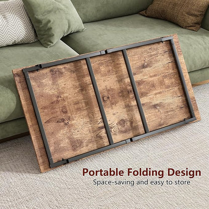 Black Coffee Table Foldable,Simple Modern Rectangular Center Table, Industrial Wood Tabletop and Metal Frame, Low Coffee Table for Home Office, Living Room,No Assembly,Rustic Brown