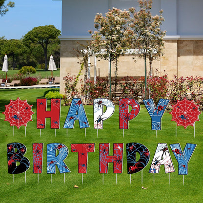 GlikCeil 15 Pcs Spider Happy Birthday Yard Signs with Metal Stakes Happy Birthday Letter Lawn Signs Spider Theme Party Favors Decorations for Outdoor Yard Lawn