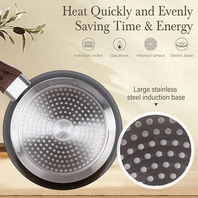 Kitchen Academy 12Pcs Nonstick Induction Pots and Pans Set, Hammered | Premium black healthy cookware for everyday cooking. Even heating, easy to clean. Stay-cool handles. 100% PFOA & PFAS free.