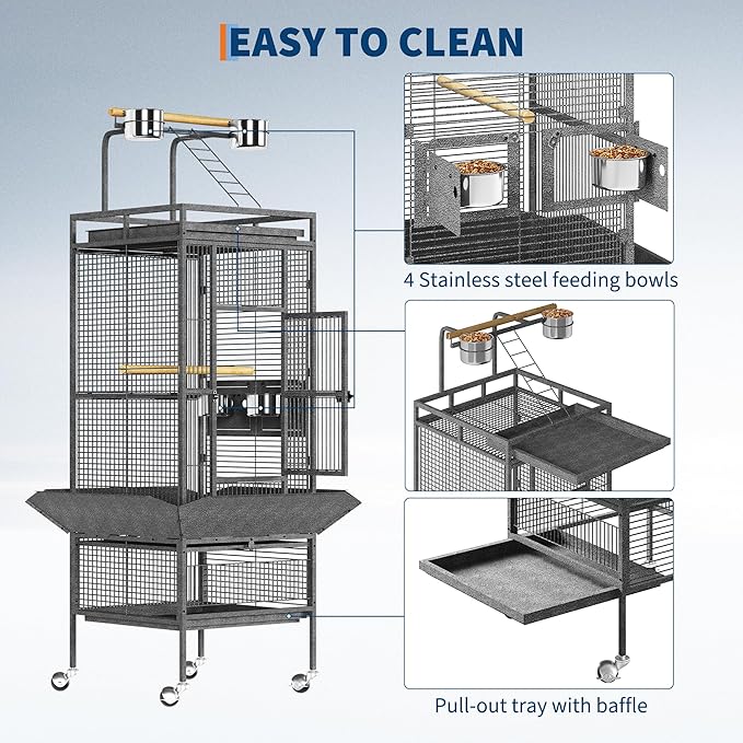 61 Inch Large Parrot Cage with Rolling Caster Wheels -, Smart Feeding & Cleanliness Design, Effortless Maintenance & Assembly, Portable Mobility with Rolling Stand