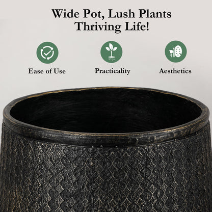 Worth 14.5" Round Planter, Lightweight Magnesium Oxide Cement Plant Pot, Raised Pattern Concrete Look with Drainage Hole for Indoor/Outdoor Use, Black