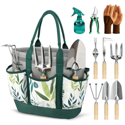 Floraxa 10 Pcs Garden Tool Set, Heavy Duty Stainless Steel Garden Tool with Ash Wood Handle, Rust-Proof Gardening Gifts for Women & Men, Includes Pruner, Weeder & Multi-Pocket Storage Tote Bag (Green)