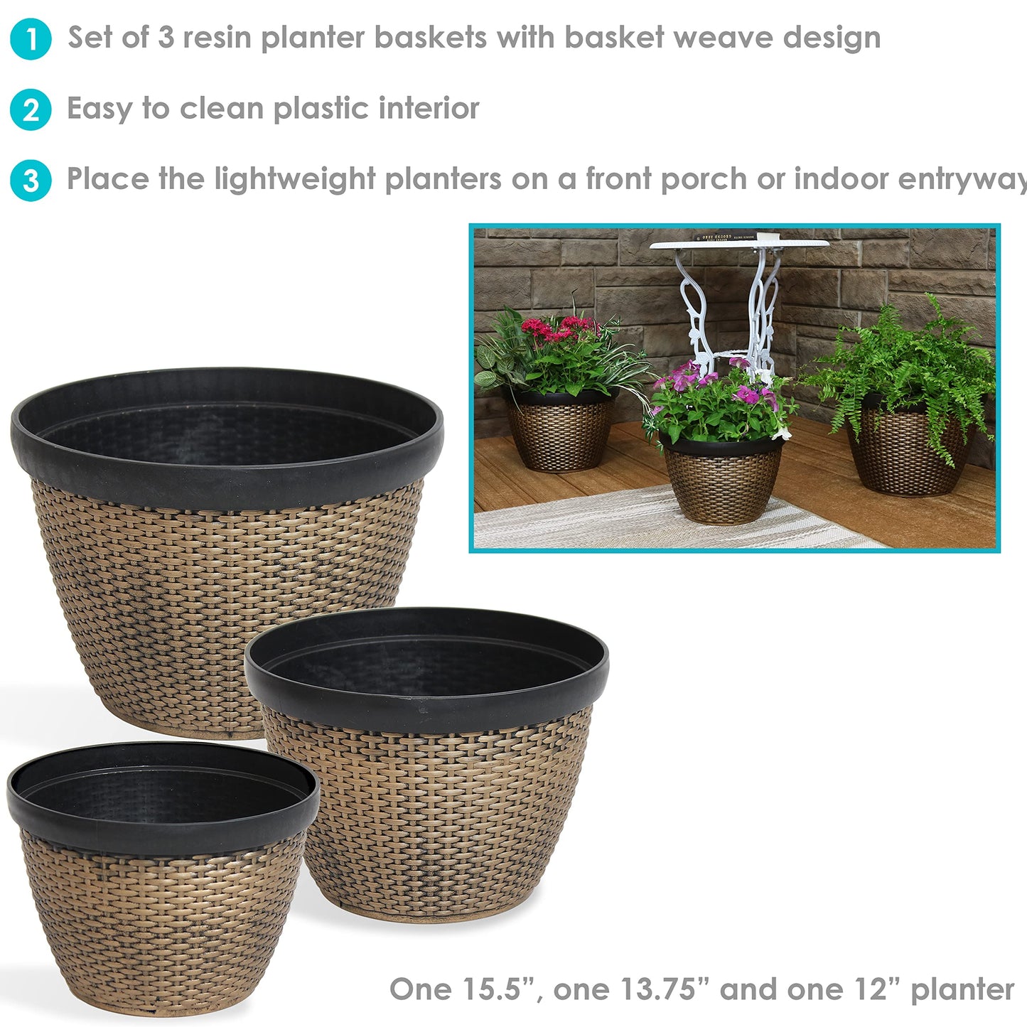 Sunnydaze 3-Piece Outdoor Planter Set - 12", 13", and 15" Resin Faux Basketweave Planters