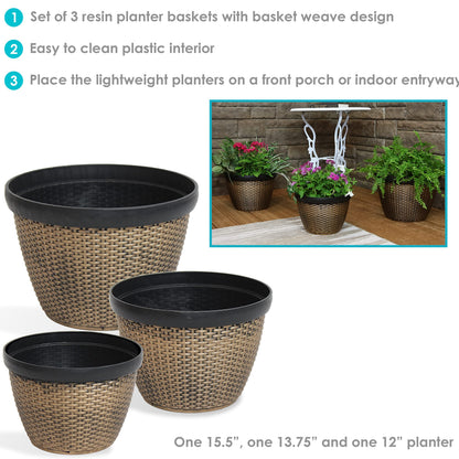 Sunnydaze 3-Piece Outdoor Planter Set - 12", 13", and 15" Resin Faux Basketweave Planters