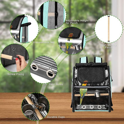 Bird Carrier Bag with Indestructible Stainless Steel Mesh, Bird Travel Cage with Stand, Easy to Clean Backpack for Parrot, Portable Bird Travel Bag, Green