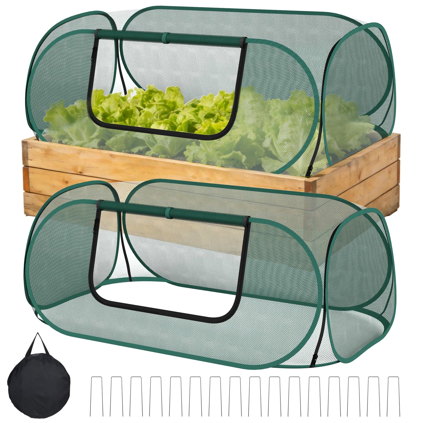 2-Pack Raised Garden Bed Covers, 45" x 22" x 17" Mesh Crop Cage, Pop-Up Plants Cover with 30% Shade Cloth for Seedlings Vegetables Fruits Flowers, Protects Against Birds Animals Pests with 16 Stakes