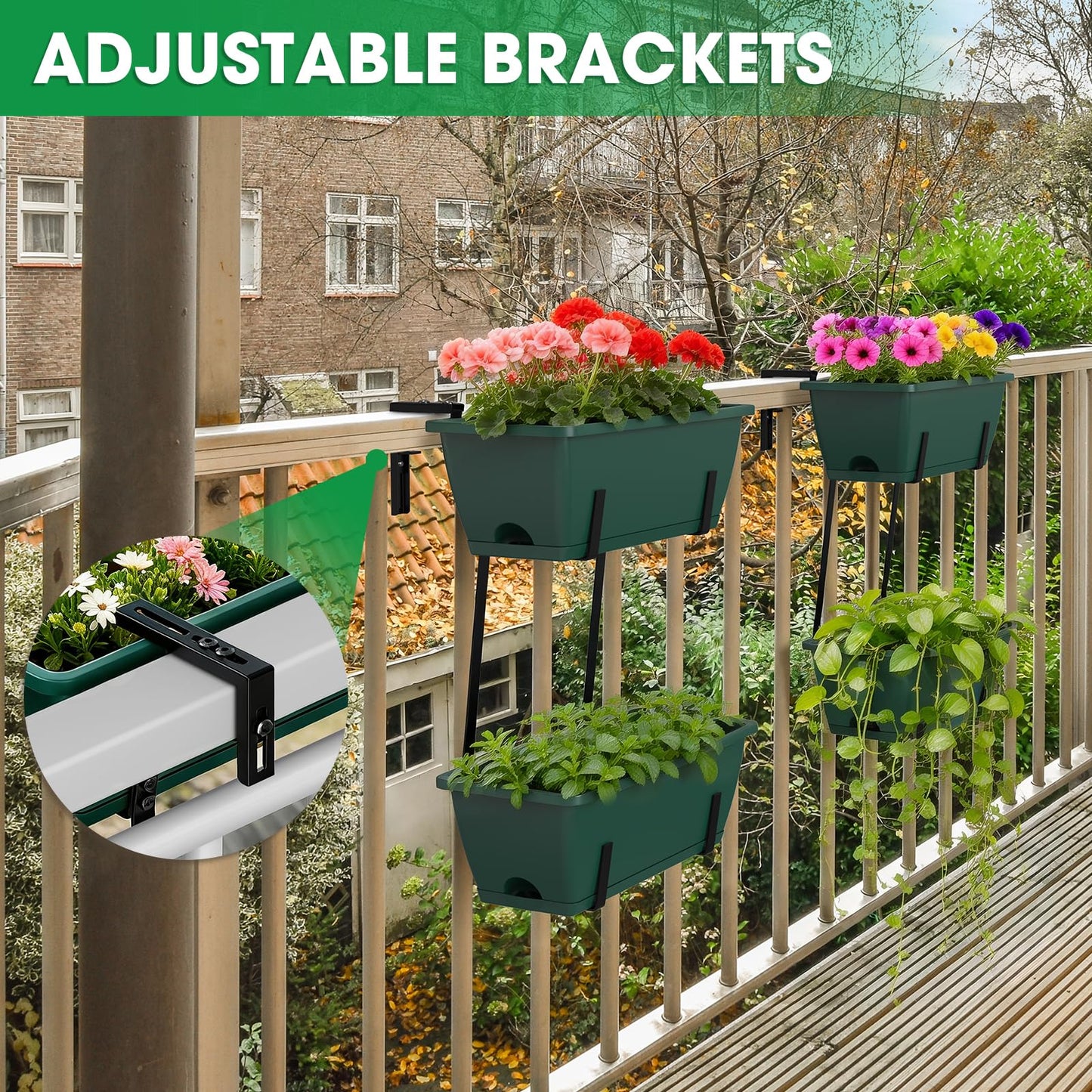Rectangle Planters Box, 4 Pack Deck Hanging Planters for Railings, Window Box Planter with Drainage Holes & Trays, 16.9 Inch Balcony Planters Railing Hanging with Metal Brackets, Black Green (Green)