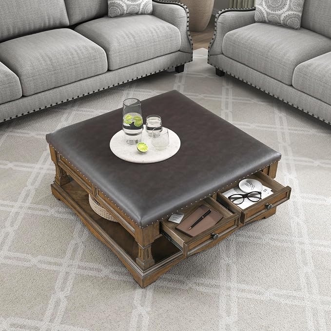 Lexicon 39 Inch Wood Coffee Table with 4 Drawers, Lower Open Shelf, Casters, Square Ottoman Coffee Table, Faux Leather Cocktail Ottoman, Nailhead Trim, Footrest for Living Room, Easy Assembly, Brown