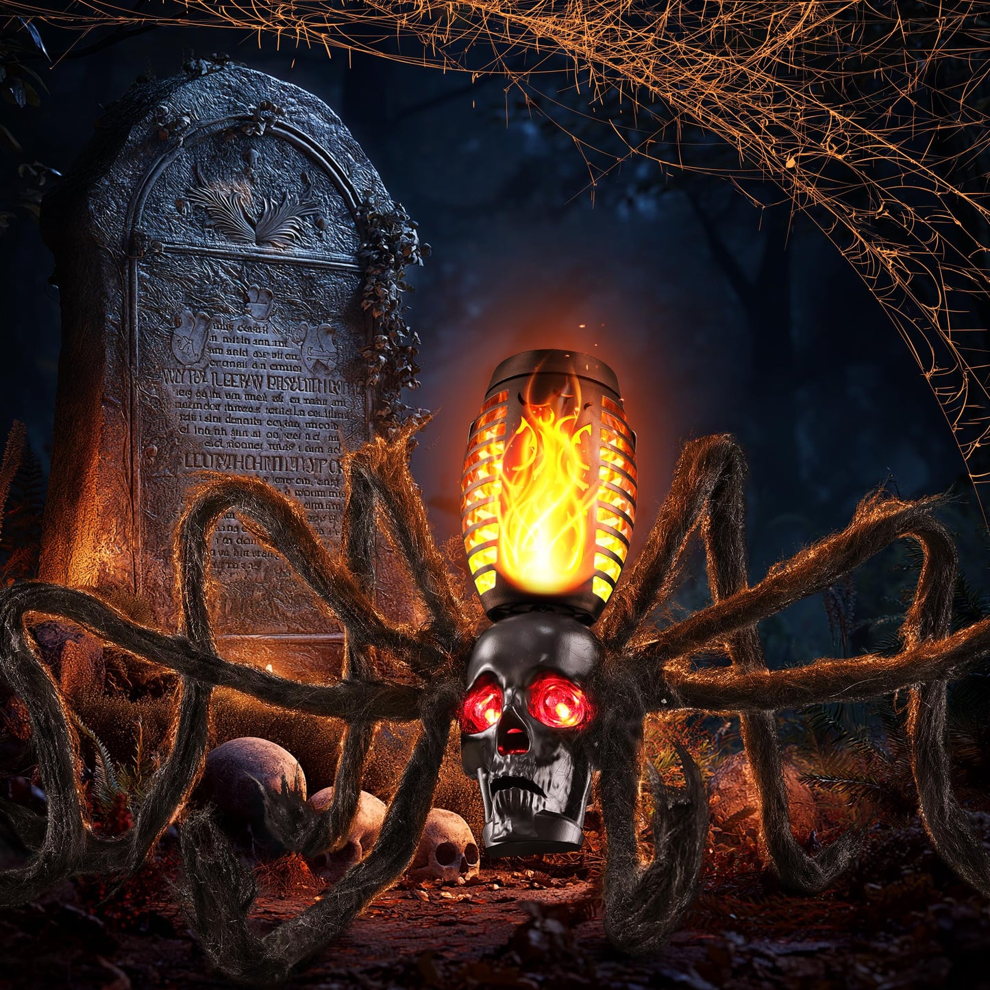 Halloween Skull Flame Light with 8 Spider Tentacles - Solar Powered Outdoor Lighting Decoration for Halloween Parties, Gardens, and Haunted Displays (Orange, 1 Pack)