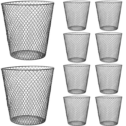 10 Pack 9 inch Round Waste Basket,Wire Mesh Desk Metal Trash Garbage Can Wastebasket Recycling Black Trash Bins Garbage Container for Bedroom Office School Kitchen Home Living Room Bathroom