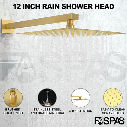Brushed Gold Shower System with 12-Inch Rain Showerhead and Handheld | Innovative air-injection technology for low pressure, high-flow rate up to 3.22 GPM ensuring powerful consistent stream