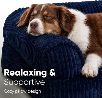 FUKUMARU Cute Dog Bed, Thickened Orthopedic Dogs Couch, 36in Egg Crate Foam Pet Sofa for Medium to Large Dogs, Waterproof Warm Corduroy Pet Bed with Washable Cover, Blue