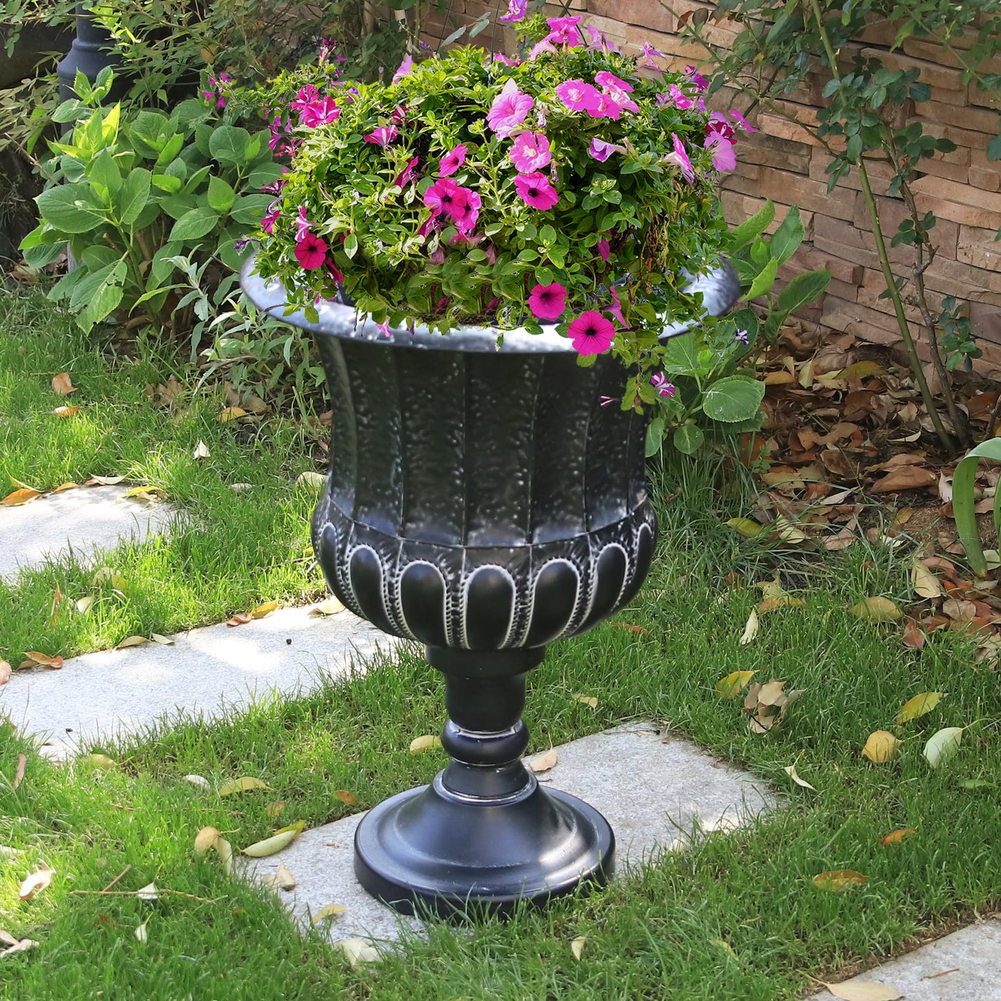 Worth Garden 25" H. Metal Urn Planters 2-Pack - Black Traditional Classic Iron Plant Pots - Large Decorative Rustic Flower Container for Patio, Front Porch, Outdoor Use