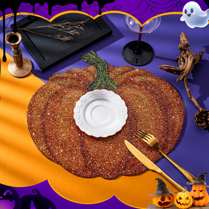 Cumouna Thanksgiving Pumpkin Placemat, Halloween Table Mats Orange Thanksgiving Fall Sparkle Pumpkin Decoration Placemat for Centerpiece Kitchen Table Party Tableware Decor