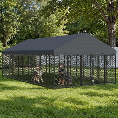 10x20×6.4 FT Heavy Duty Dog Kennel Outdoor with Secure Double Locks and Waterproof & UV Resistant Roof Cover,All Weather Resistant Anti-Rust Metal Enclosure for Large Dogs