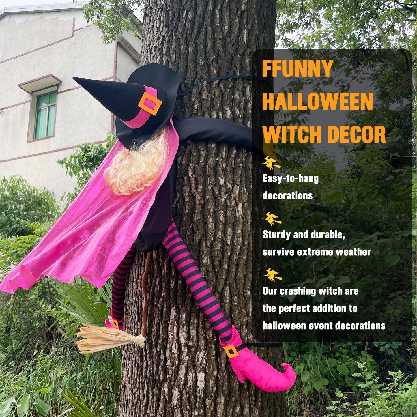Giiffu Pink Halloween Decorations Outdoor 53" Crashing Witch Tree Decor