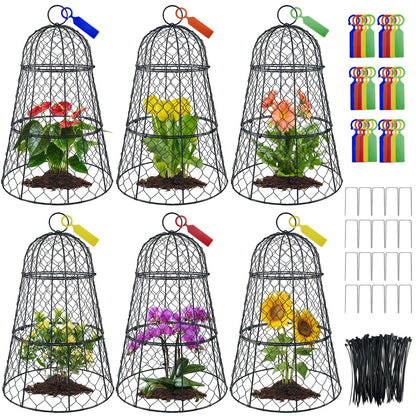 6 PCS 17.7"H X11.42"D Chicken Wire Plant Covers Protectors, Rustproof Heavy Duty Metal Plant Cage with Stakes & Labels, Modular Garden Cloches Design for Seedling Flower Vegetable Protect from Animals