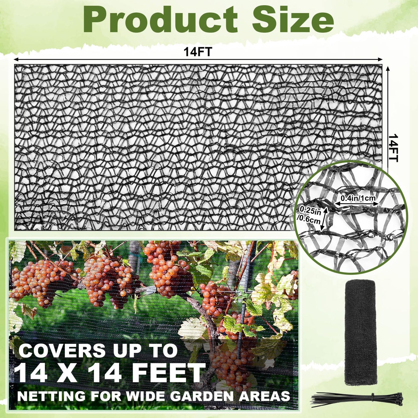 Wesnoy Bird Netting for Garden 14 x 14 ft Garden Netting with 1/4 Inch Mesh Heavy Duty Gardening Protection Mesh for Fruits, Vegetables, Trees, Flowers, Deer, Shields Plants from Birds