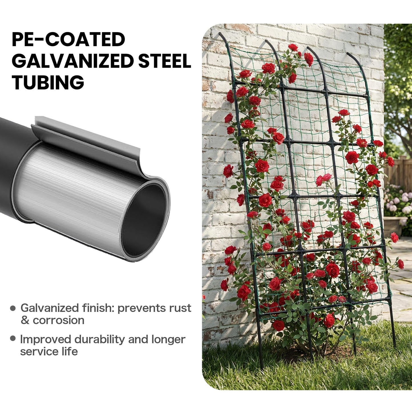 popsea 8.8ft Leaning Garden Trellis, No-Drill Lean-to Design for Climbing Plants | PE-Coated Galvanized Steel Plant Support for Flowers & Vegetables, Rust-Proof & Space-Saving Vertical Gardening