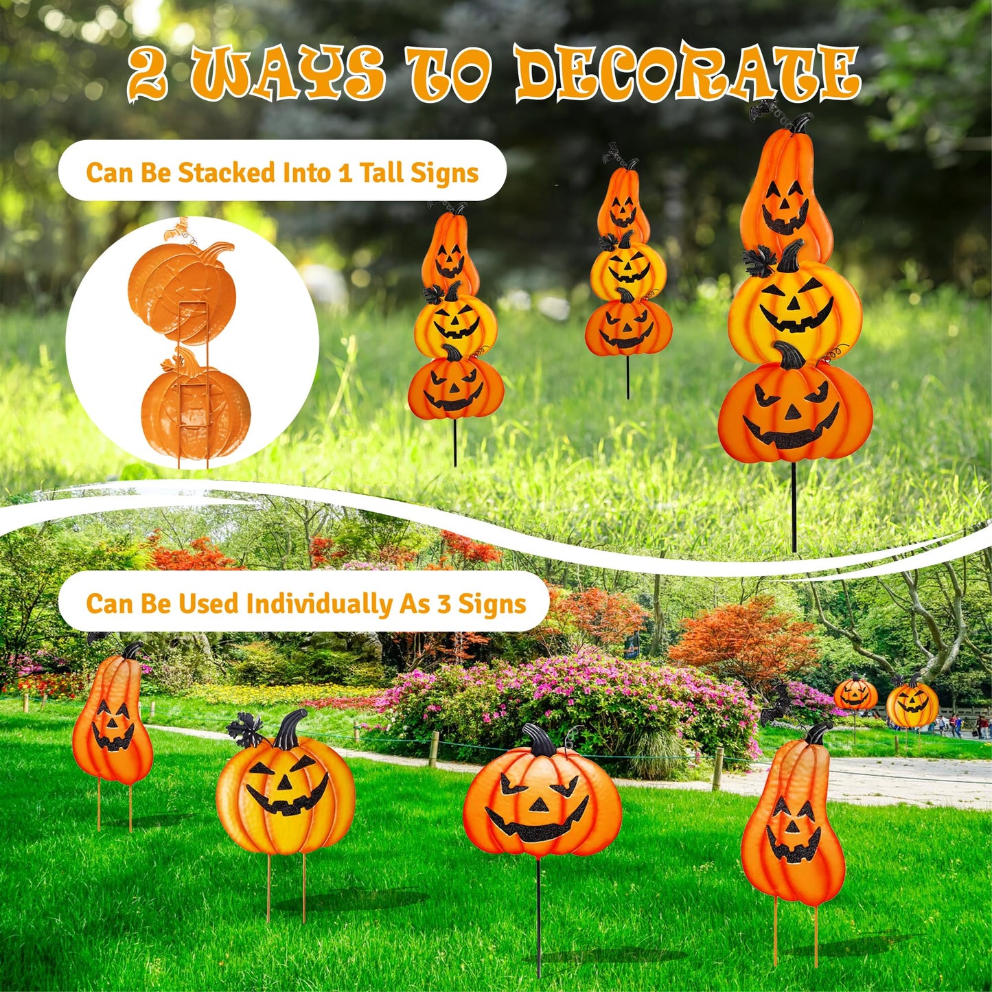 CAMATET Halloween Metal Pumpkin Yard Stakes, Detachable and Stackable Pumpkin Signs Garden Stake with Paper Witch Hanging Decor, Outdoor Halloween Decorations for Front Porch Lawn Party (Set of 6)