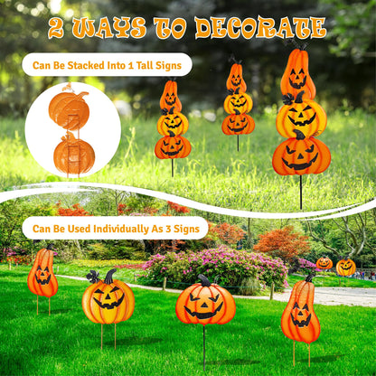 CAMATET Halloween Metal Pumpkin Yard Stakes, Detachable and Stackable Pumpkin Signs Garden Stake with Paper Witch Hanging Decor, Outdoor Halloween Decorations for Front Porch Lawn Party (Set of 6)