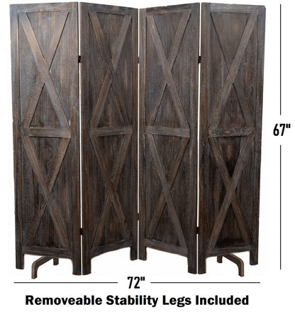 Premium Home 4-Panel Room Divider – Rustic Brown Barn Door, X Pattern Folding Privacy Screen, Partition Wall