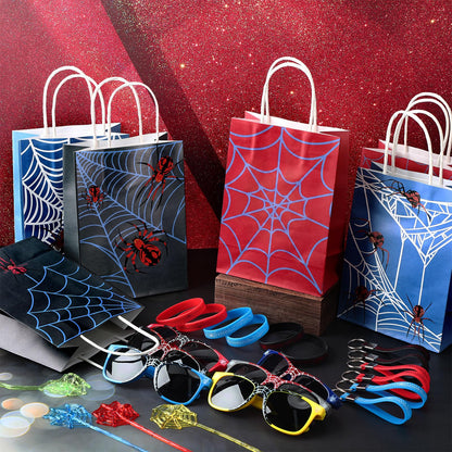 Simgoing 120 Pcs Spider Party Favors Include Spider Sunglasses, Web Gift Tote Bags, Blue Red Black Rubber Wristbands, Silicone Keychains and Sticky Webs for Birthday Comic Themed Party Decoration