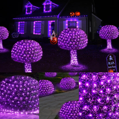 WBao Halloween Lights Outdoor 360LED 11.5ft x 6.9ft Halloween Net Lights with 8 Modes, Timer, Connectable, Waterproof & Dark Green Wire for Lawn, Bushes, Shrubs Outdoor Holiday Decorations, Purple