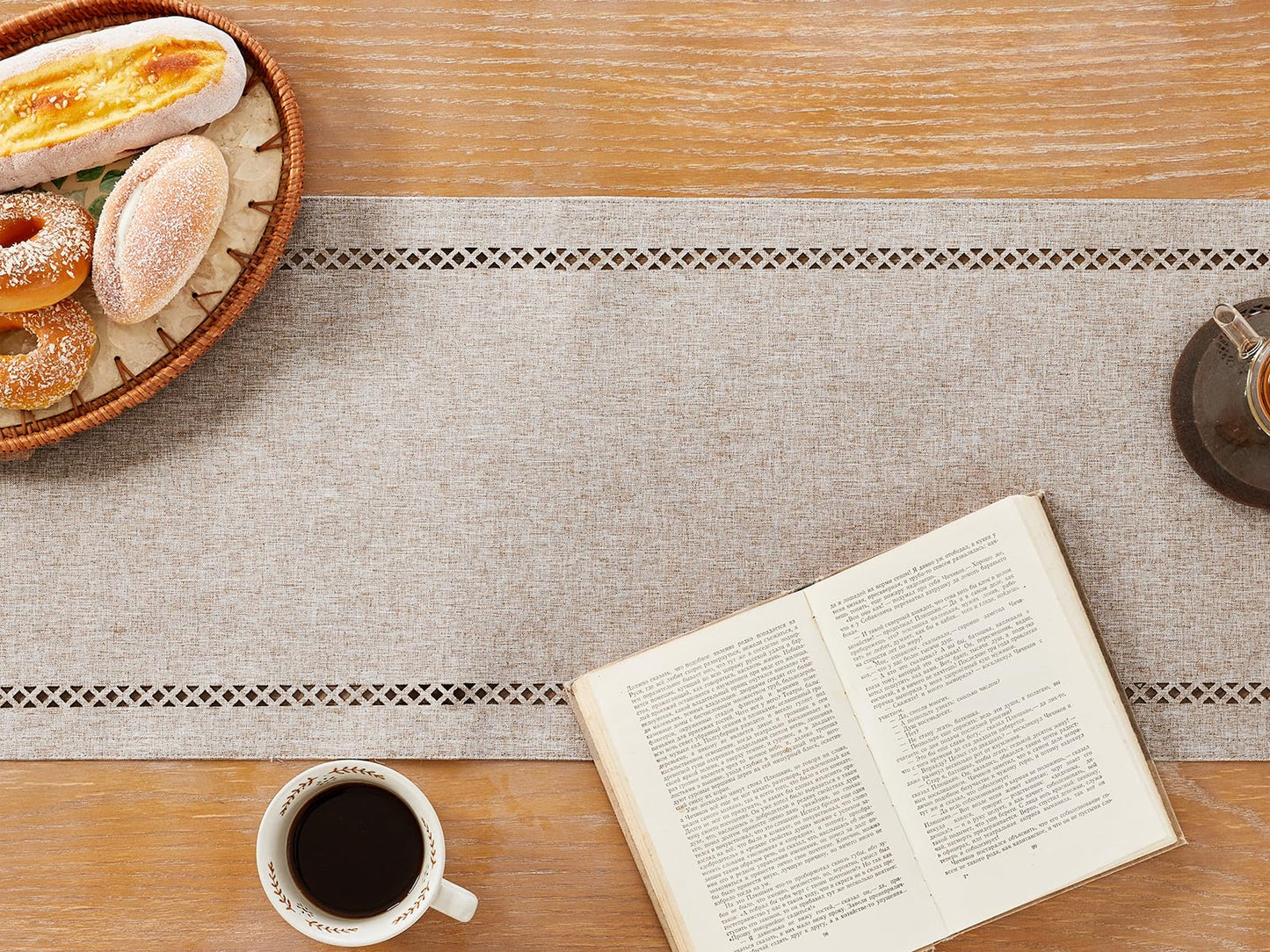 Aoztio Burlap Style Farmhouse Table Runner, 13 x 48 Inch Coffee, Rustic Geometric Hollow Table Runners 48 Inches Long for Dresser Table Everyday Use, 13x48 Inches, Coffee