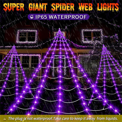 uesreaxy Halloween Decorations Outdoor, 250LED 23x18 FT Giant Spider Web with Purple Lights, Lighted Triangular Black Spider Web with Sturdy Wire, Waterproof, Timer, 8 Modes for Yard Halloween Décor