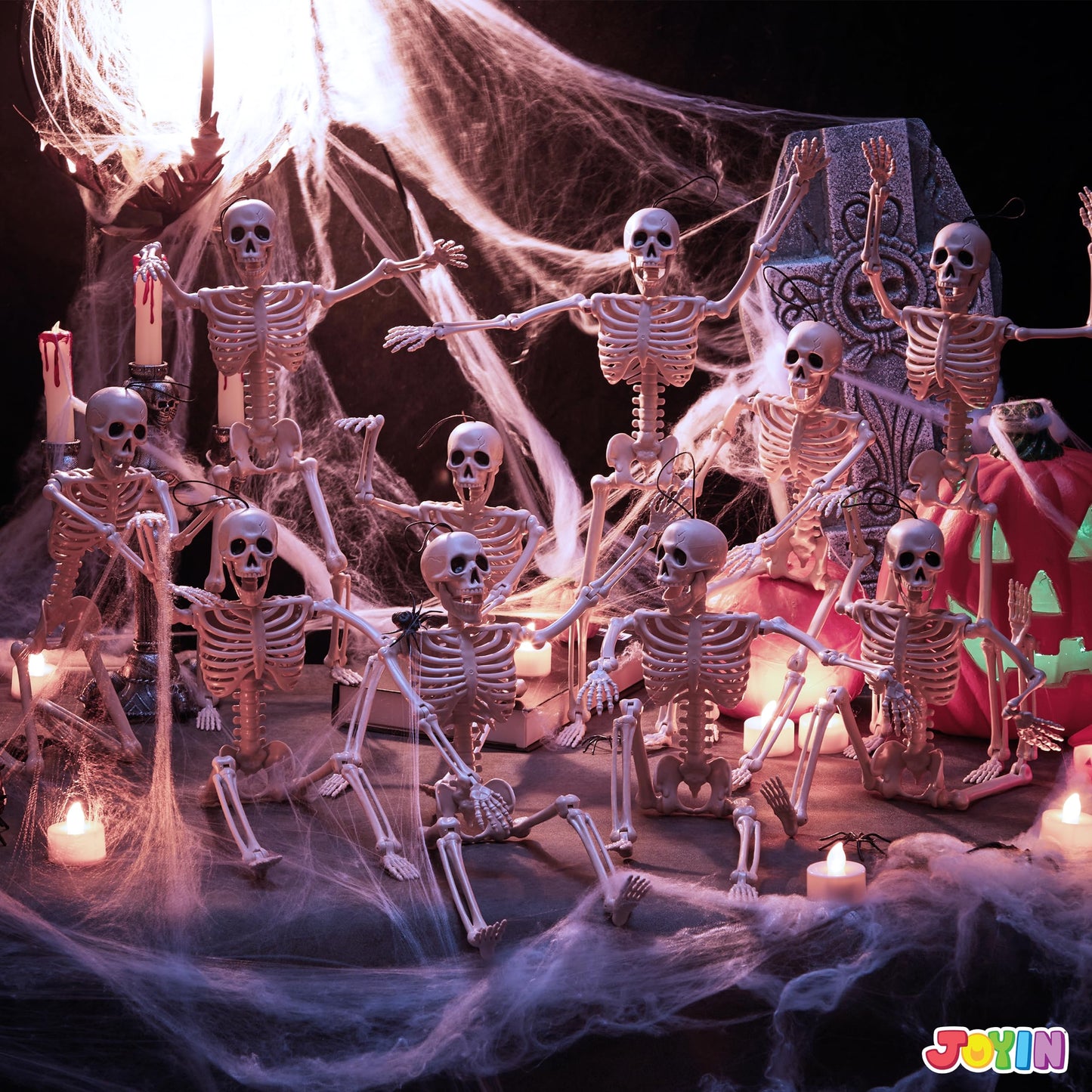 JOYIN 10 PCS 16" Halloween Skeleton Decor, Full Body Stayable Movable Joints, Posable Hanging Skeletons for Halloween Decoration, Yard, Graveyard, Haunted House Props, Spooky Scene Party Favor