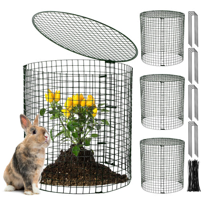 Hiboom 4 Set Garden Plant Protectors from Animals with Stakes, Metal Mesh and Detachable Covers Wire Plant Cage for Keeping Bunny Animals Out, Chicken Wire Cover Garden Protection (12x13)