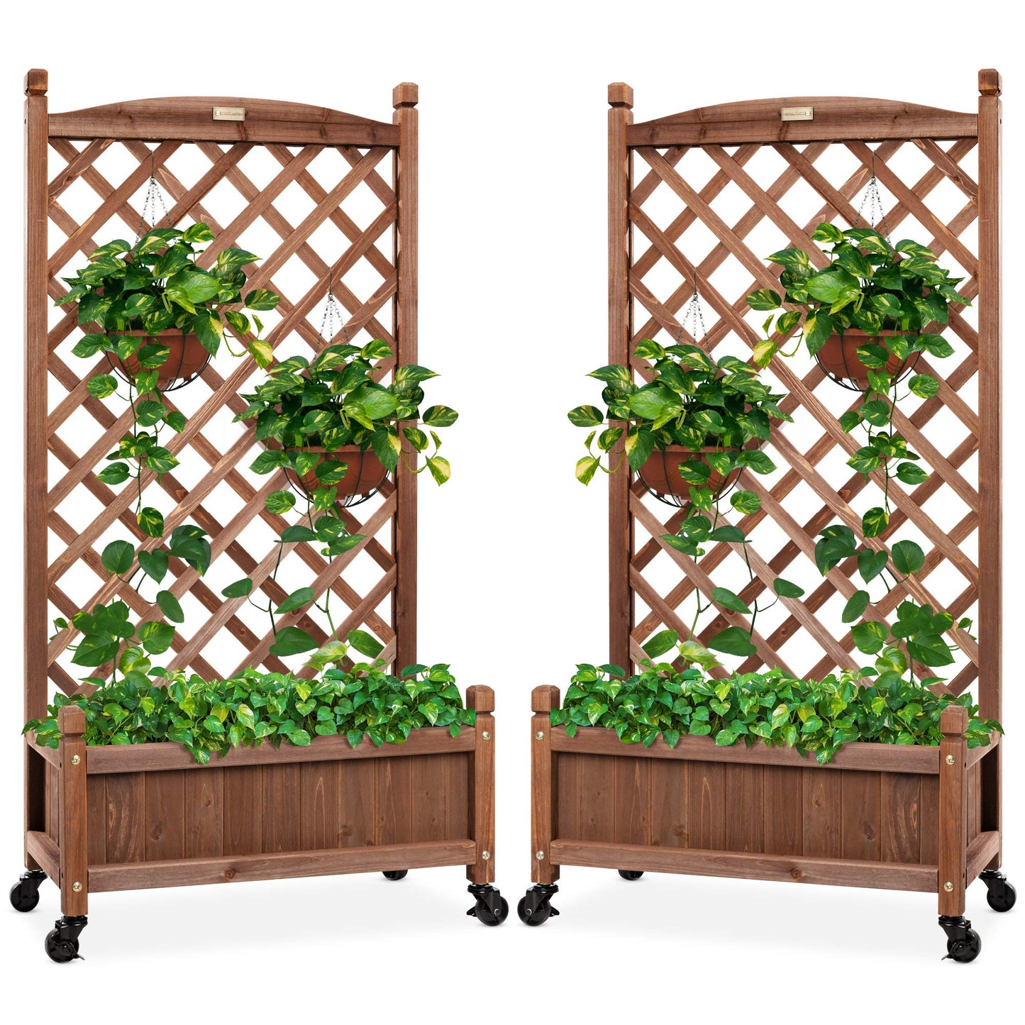 Best Choice Products Set of 2 48in Wood Planter Box & Diamond Lattice Trellis, Mobile Outdoor Raised Garden Bed for Climbing Plants w/Drainage Holes, Optional Wheels - Walnut