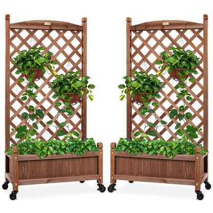 Best Choice Products Set of 2 48in Wood Planter Box & Diamond Lattice Trellis, Mobile Outdoor Raised Garden Bed for Climbing Plants w/Drainage Holes, Optional Wheels - Walnut